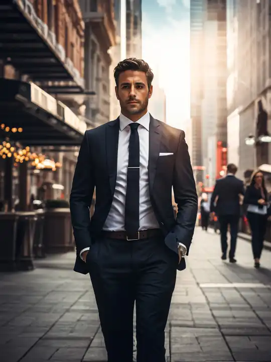 Ein Geschäftsmann im Anzug vor städtischem Hintergrund (AI Created)
