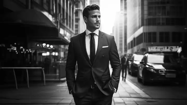 A businessman in a suit in front of an urban background in black and white (AI Created)