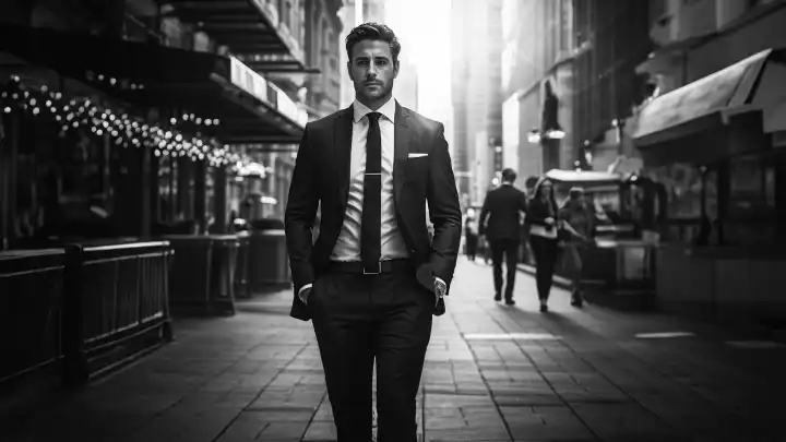 Ein Geschäftsmann im Anzug vor städtischem Hintergrund in schwarz-weiß (AI Created)