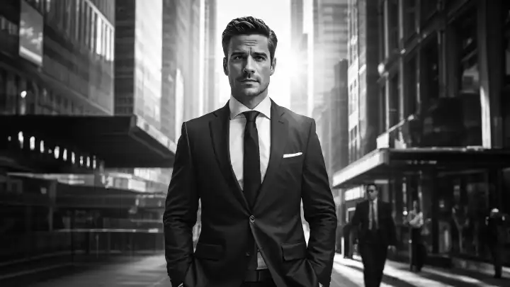 A businessman in a suit in front of an urban background in black and white (AI Created)