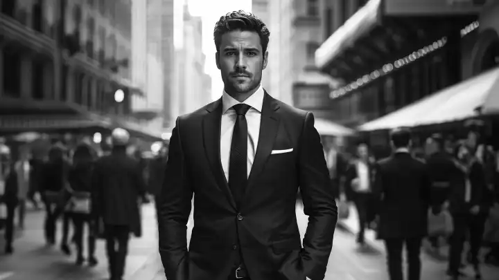 Ein Geschäftsmann im Anzug vor städtischem Hintergrund in schwarz-weiß (AI Created)