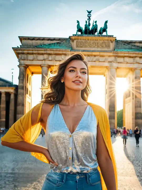 A woman in front of the Brandenburg Gate in Berlin, generated with AI