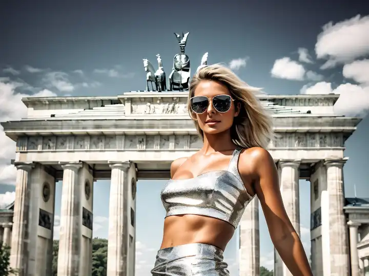 Eine Frau vor dem Berliner Brandenburger Tor, generiert mit KI