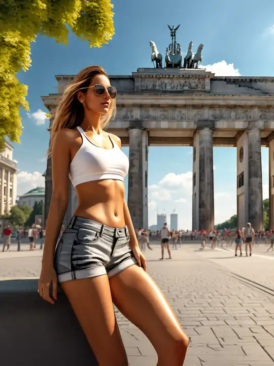 Eine Frau vor dem Berliner Brandenburger Tor, generiert mit KI