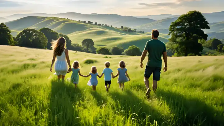 Eine Familie auf einer grünen Wiese, generiert mit KI