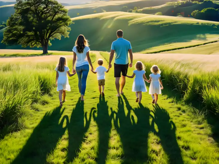 Eine Familie auf einer grünen Wiese im Freien, KI generiertes Bild