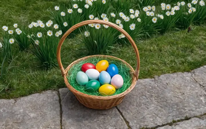 An Easter basket with colorful Easter eggs, generated with AI