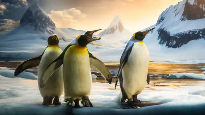 Pinguine in einer künstlichen arktischen Landschaft, KI generiert